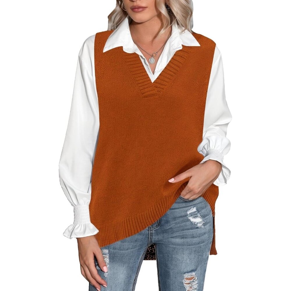 Women Caramel Sweater Vest Sleeveless V Neck Oversized Knitted Pullover Fall